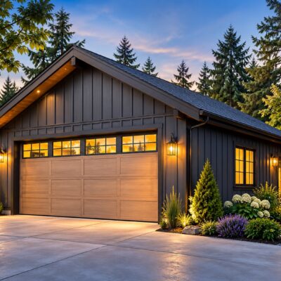 Custom detached garage with charcoal board-and-batten siding, natural wood garage door, warm exterior lighting, and landscaped driveway at dusk.
