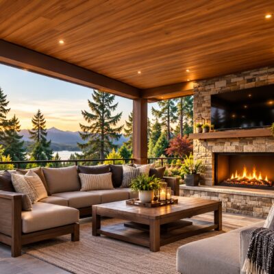 Luxury covered outdoor living space with wood ceiling, stone fireplace, outdoor television, comfortable seating, and mountain views.