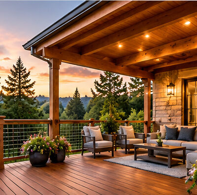 Covered wood deck with timber posts, outdoor seating, cable railing, and evening lighting.