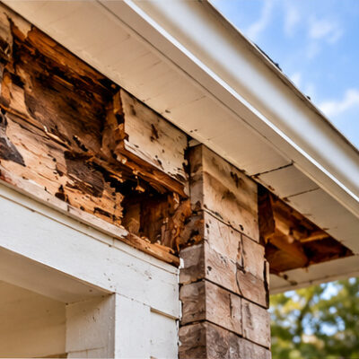 Deteriorated exterior wood fascia and framing beneath a residential roof overhang.
