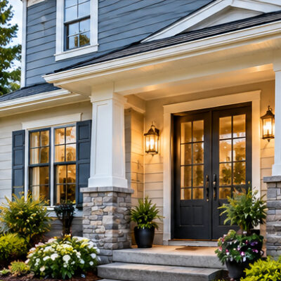 Craftsman-style home with gray siding, white trim, stone columns, and welcoming entry.