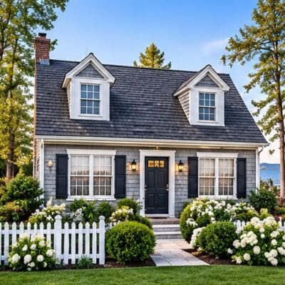 Cape Cod-style home with gray shingle siding, steep gabled roof, white dormer windows, black shutters, and white picket fence.