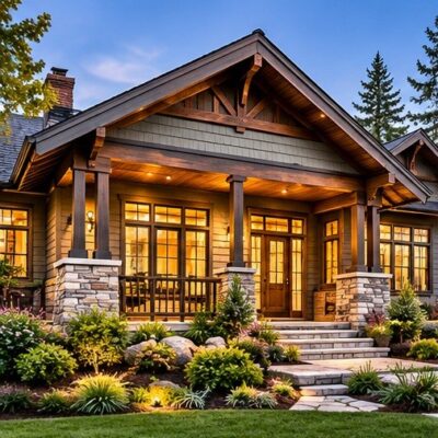 Craftsman-style home with exposed timber gables, stone porch columns, warm exterior lighting, and landscaped front entry.