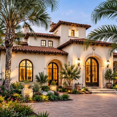 Mediterranean-style home with cream stucco walls, terracotta tile roof, arched windows and doorways, and palm landscaping.