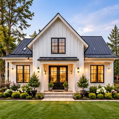 White modern farmhouse with vertical board-and-batten siding, black metal roof, dark-framed windows, and symmetrical front entry.