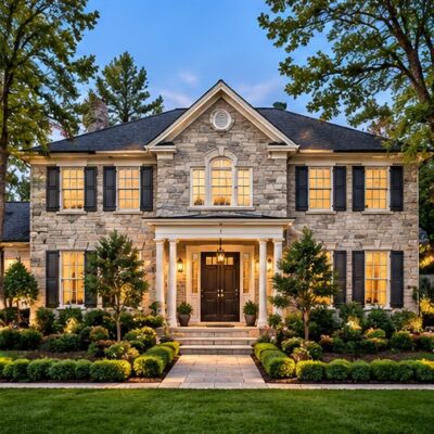 Traditional two-story stone home with symmetrical windows, black shutters, central covered entrance, and formal landscaping.