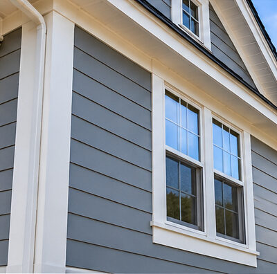 Gray horizontal lap siding with white window trim and clean exterior corner details.