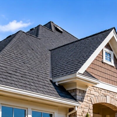 esidential home with dark architectural asphalt shingles and intersecting rooflines.