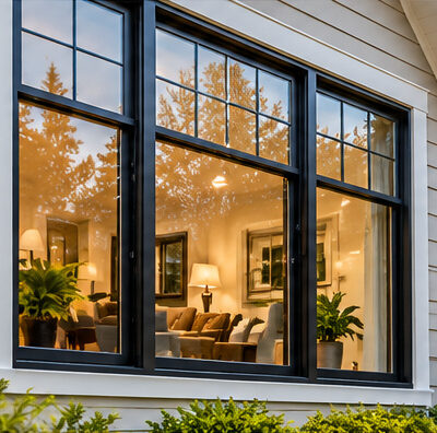 Large black-framed windows surrounded by light-colored siding and warm interior lighting.